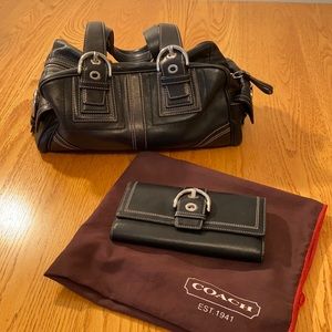 Coach Satchel with Matching Wallet Black Leather with Buckle Accents